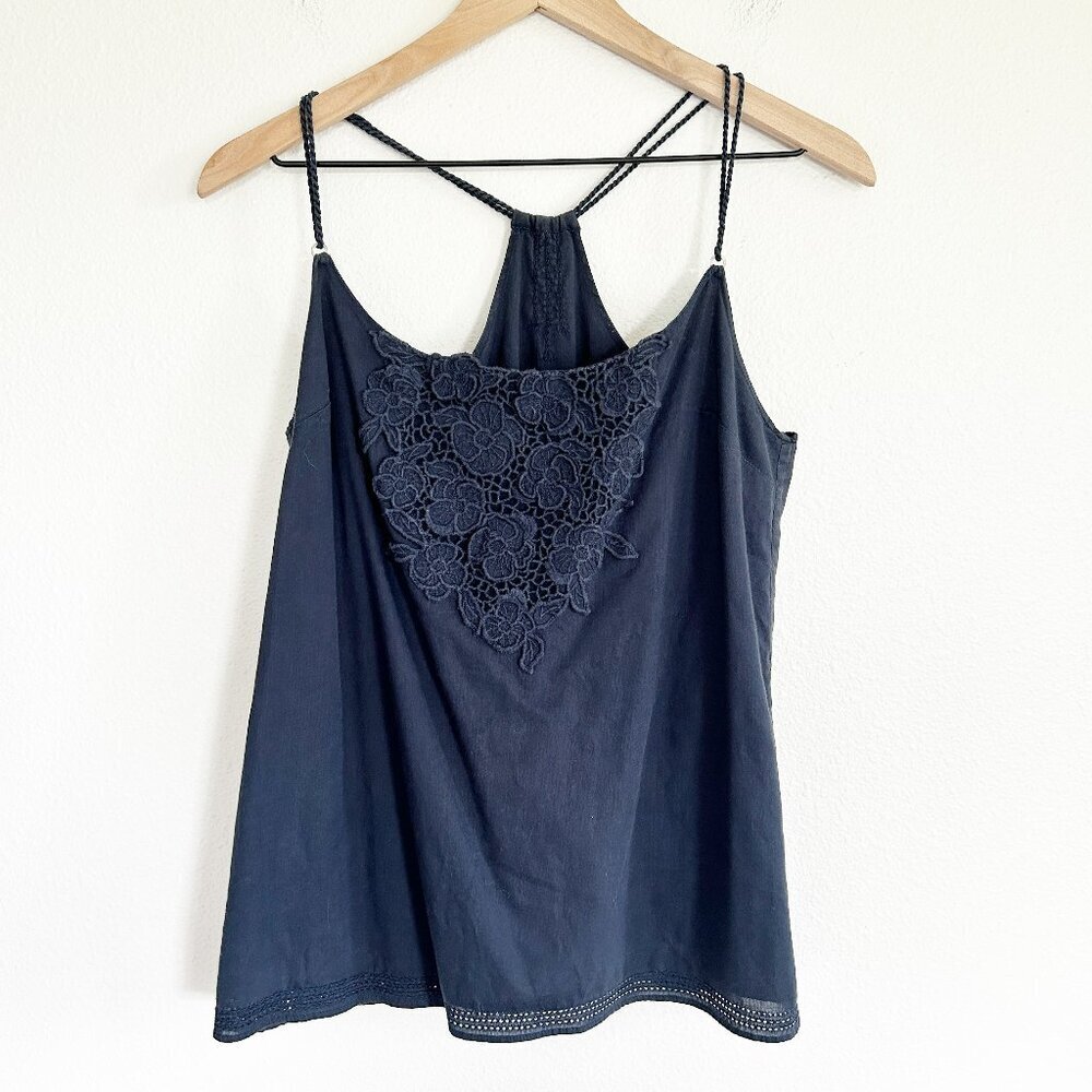 Ruehl Tank Top M Blue Spaghetti Strap Halter Crochet Trim Braided Straps